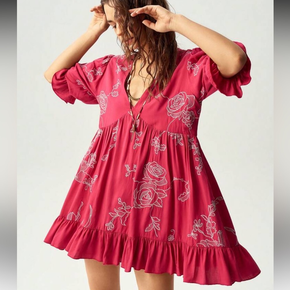 Boho Floral Print Red Dress